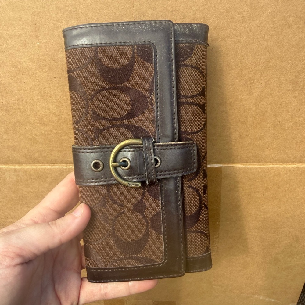 Coach Signature Brown Monogram Wallet with Buckle Accent